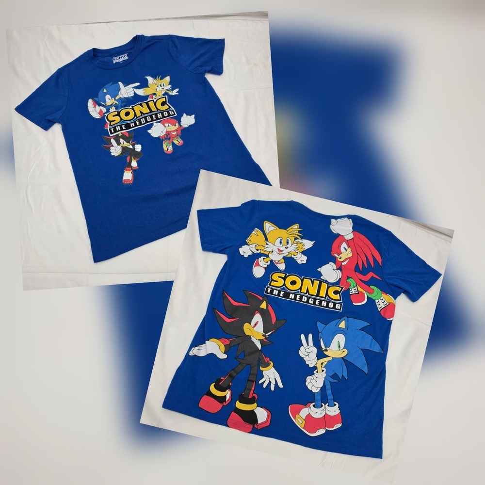 Sonic The Hedgehog Youth XL 14/16 Blue Double Sided Tee Embroidered Logo Sega